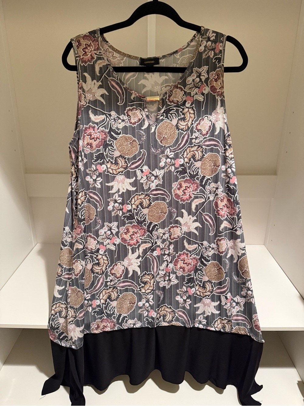 Espresso Gray Floral Sleeveless Sundress with Black Hem